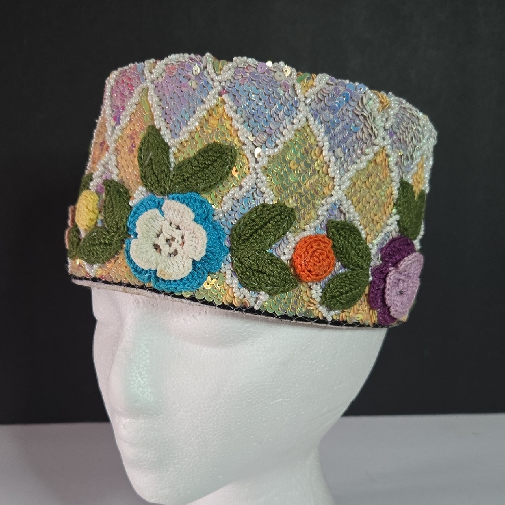 Hand Beaded Colorful Crochet Floral Embellished Women's Kufi Hat